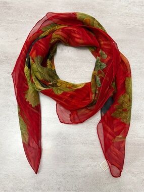 Gucci Red Floral Sheer Silk Scarf with Green Leaf Motif